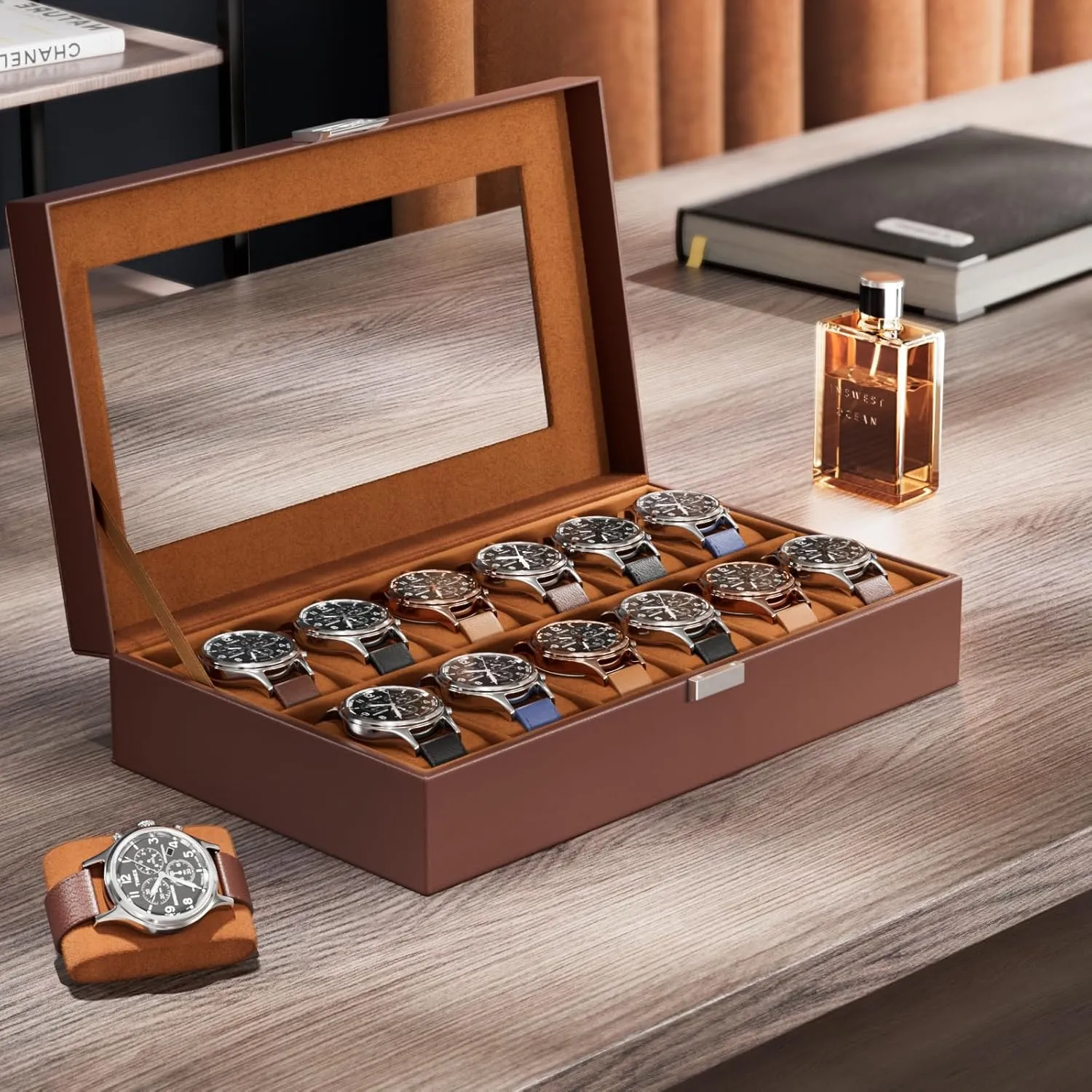 12 Slot Watch Box Organizer for Men with Glass Lid