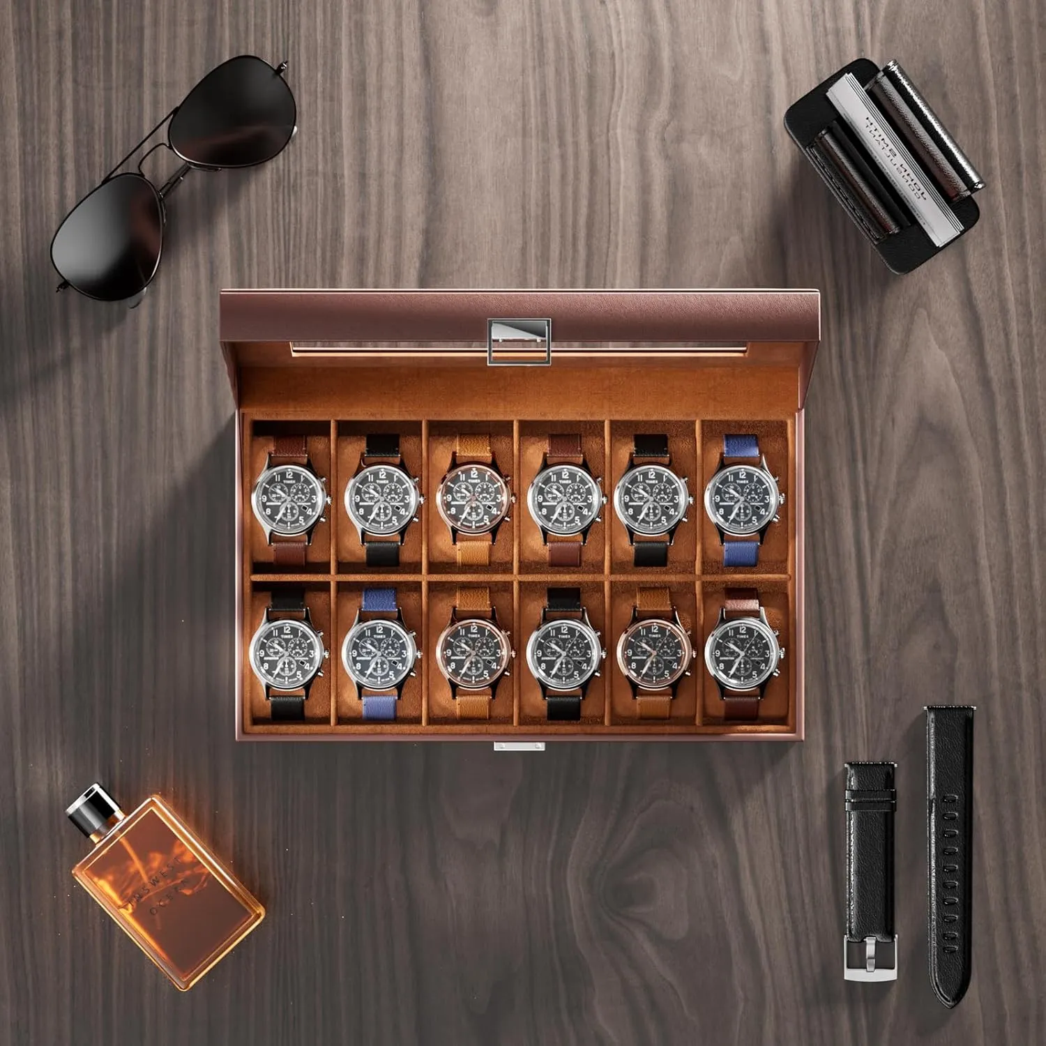 12 Slot Watch Box Organizer for Men with Glass Lid