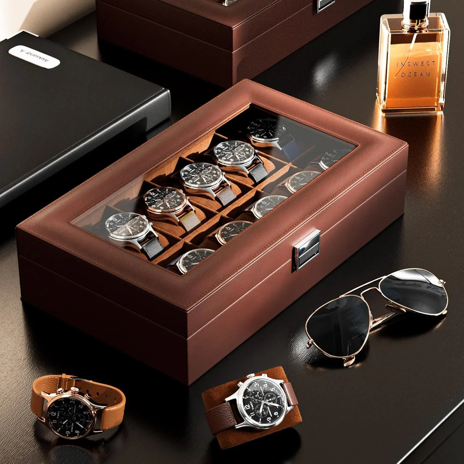 12 Slot Watch Box Organizer for Men with Glass Lid