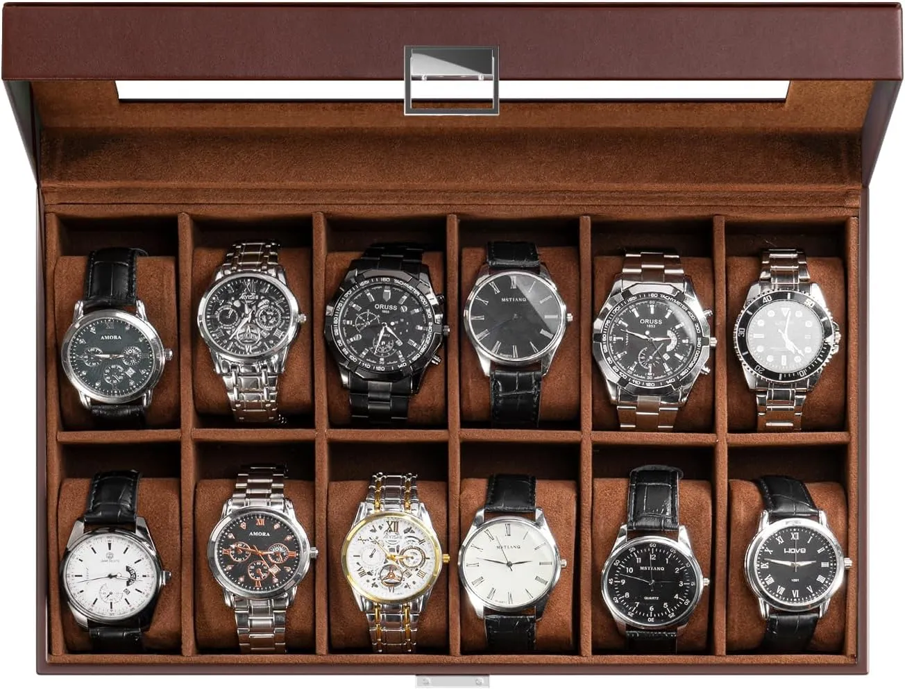 12 Slot Watch Box Organizer for Men with Glass Lid