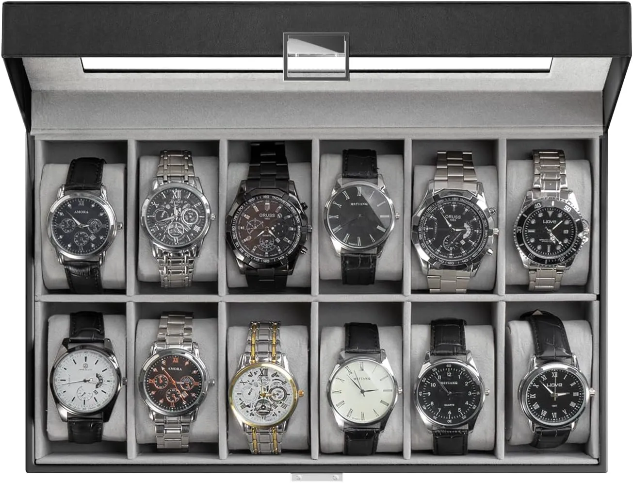 12 Slot Watch Box Organizer for Men with Glass Lid