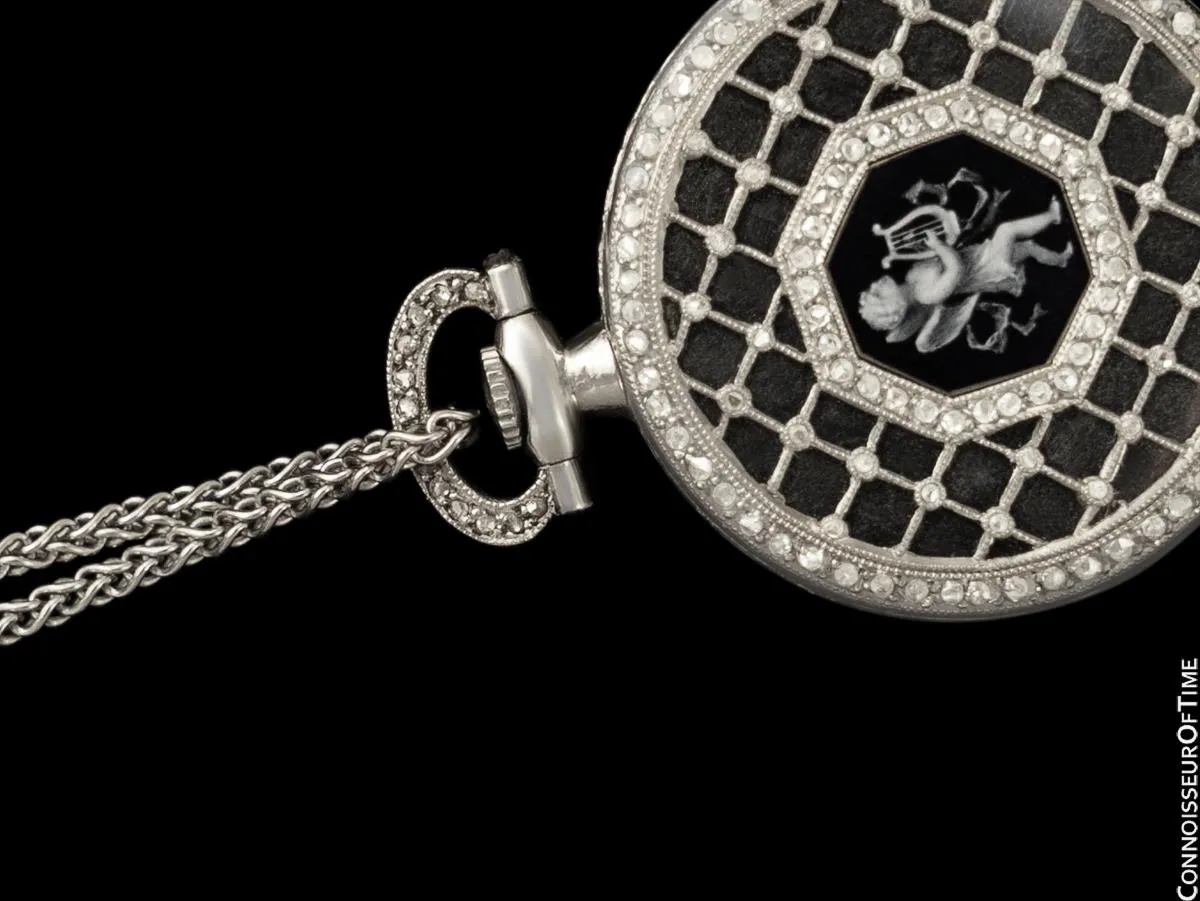 1914 Omega Vintage Ladies Platinum, Diamond & Cameo Miniature Pendant Watch - Omega Papers