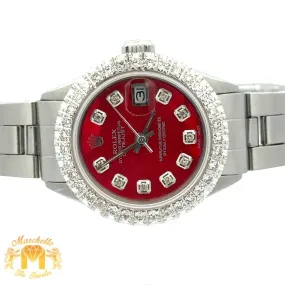 26mm Ladies` Rolex Diamond Watch with Stainless Steel Oyster Bracelet (custom red mother of pearl diamond dial, custom diamond bezel)