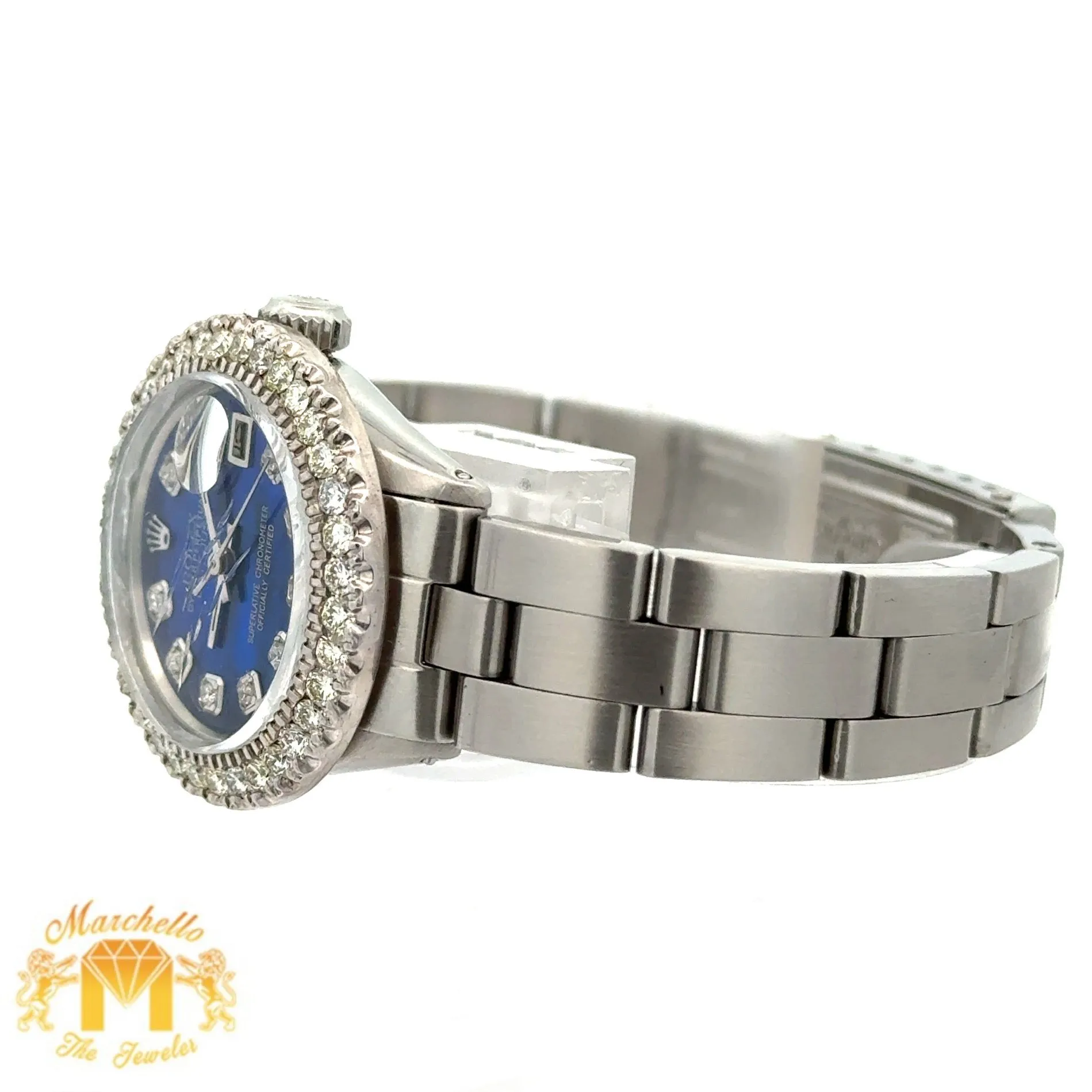 26mm Ladies` Rolex Watch with Stainless Steel Oyster Bracelet (Blue mother of pearl diamond dial, diamond bezel)