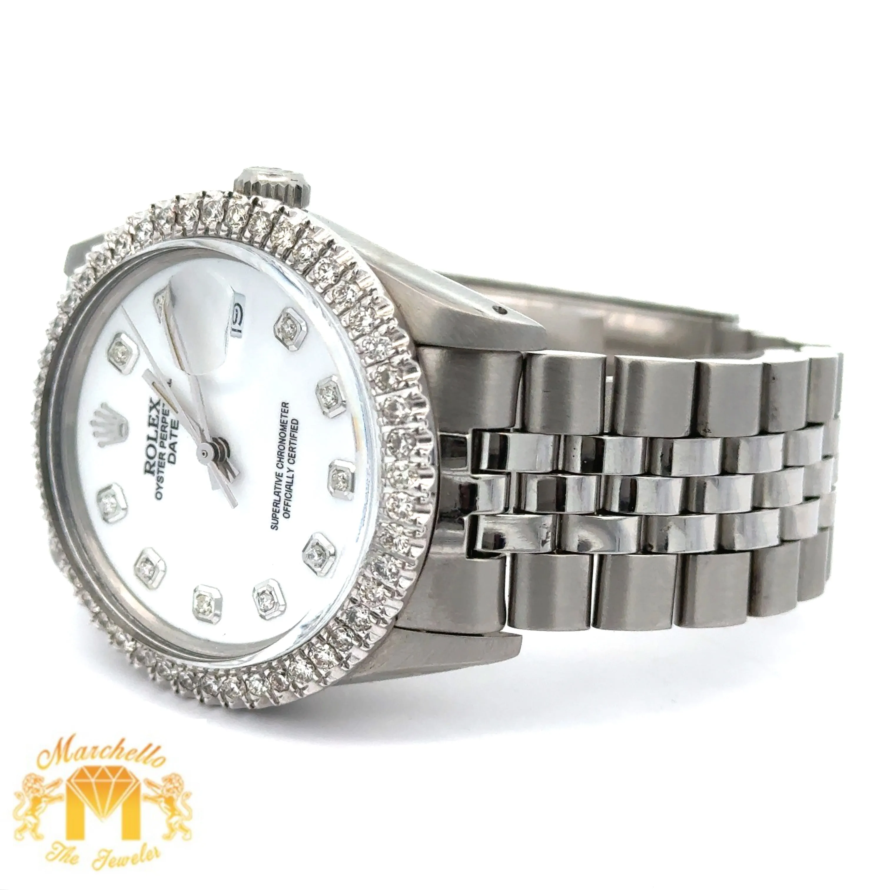 34mm Rolex Diamond Watch with Stainless Steel Jubilee Bracelet (custom diamond bezel, custom diamond white dial)