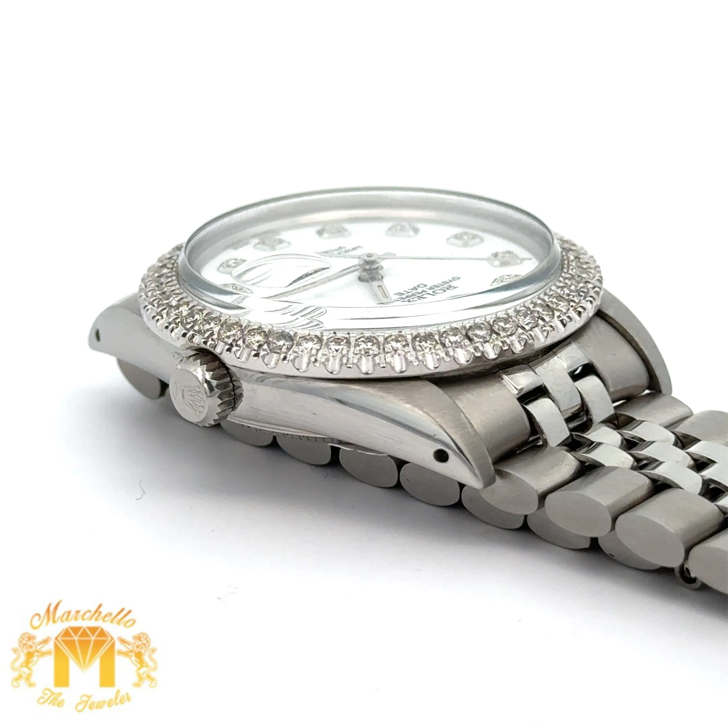 34mm Rolex Diamond Watch with Stainless Steel Jubilee Bracelet (custom diamond bezel, custom diamond white dial)