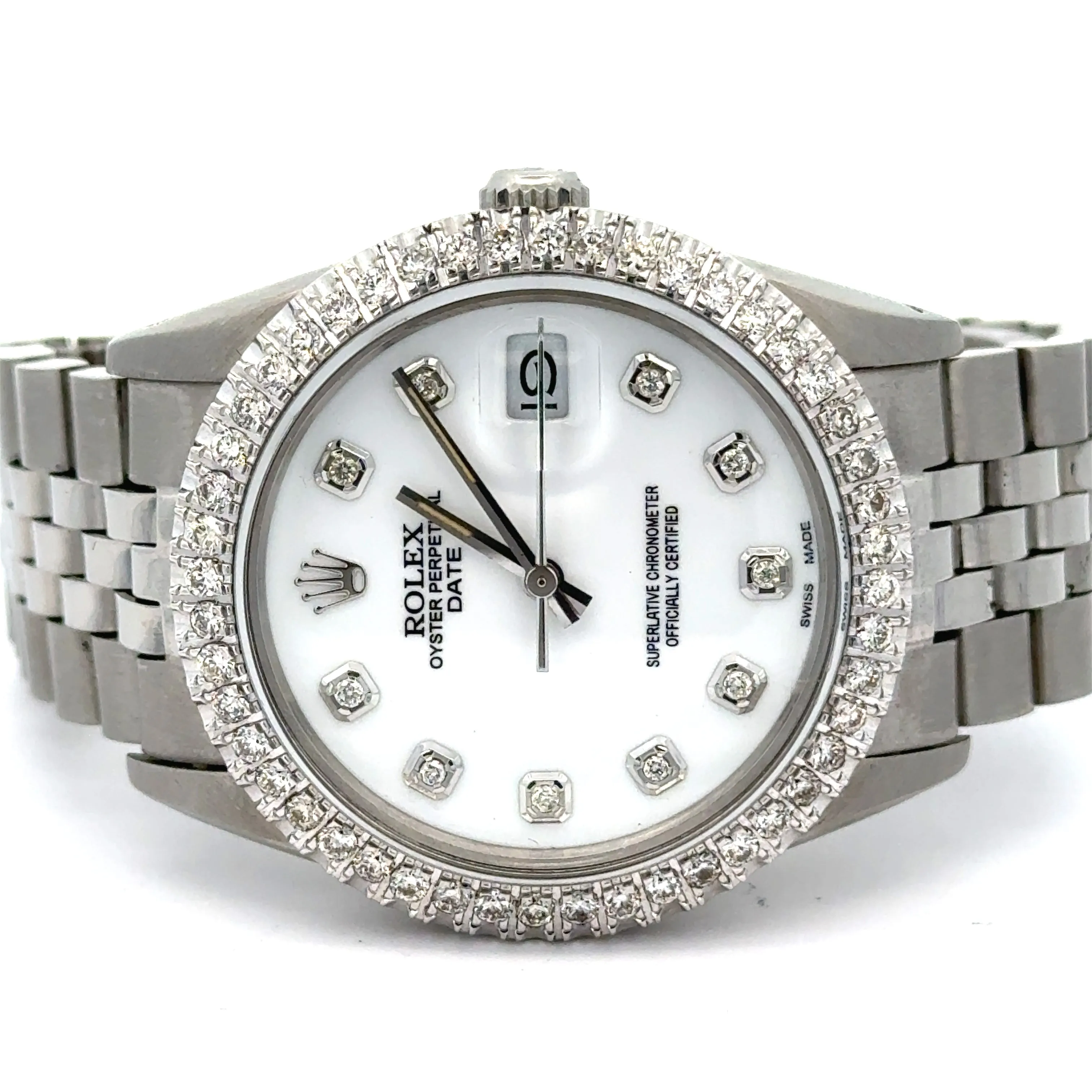 34mm Rolex Diamond Watch with Stainless Steel Jubilee Bracelet (custom diamond bezel, custom diamond white dial)