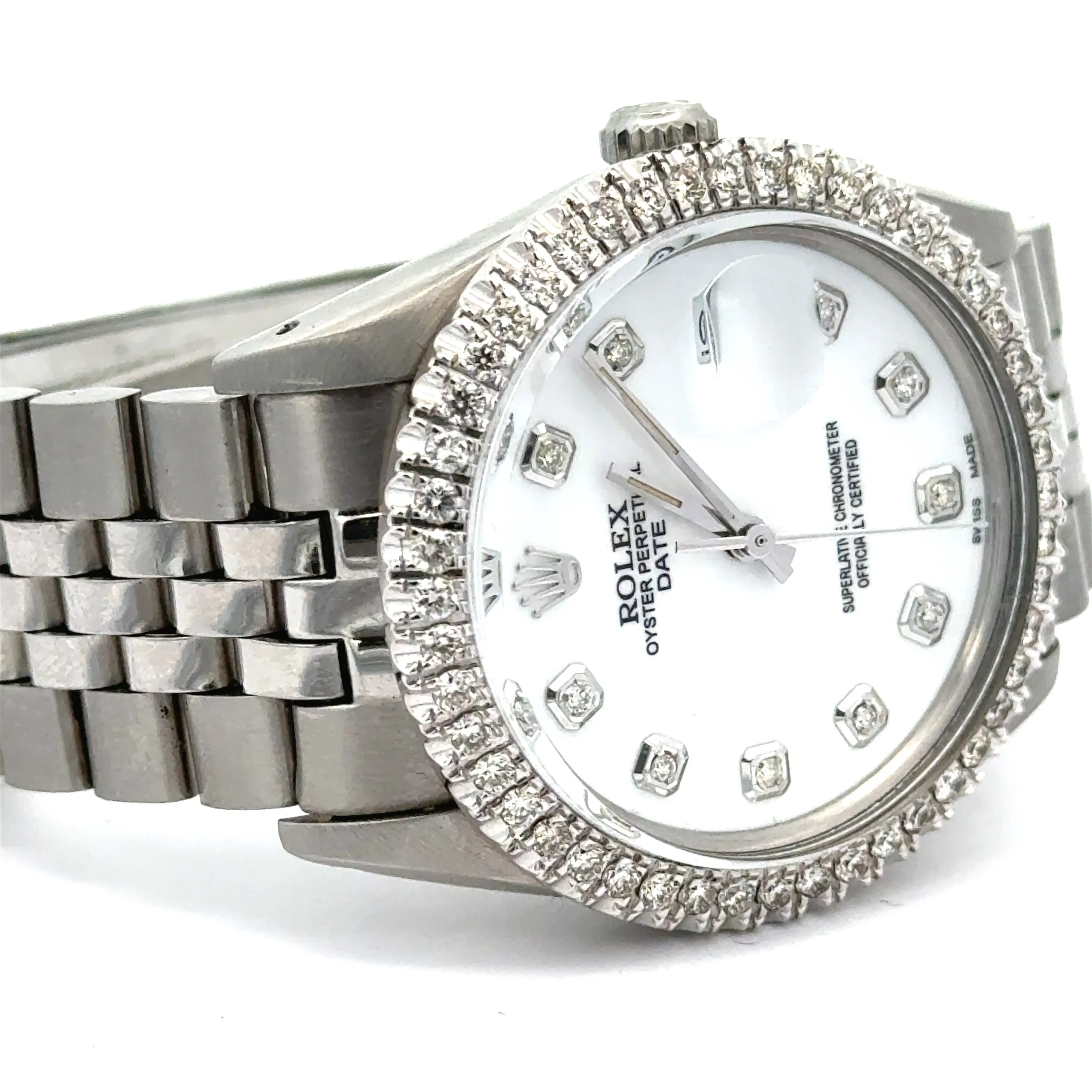 34mm Rolex Diamond Watch with Stainless Steel Jubilee Bracelet (custom diamond bezel, custom diamond white dial)