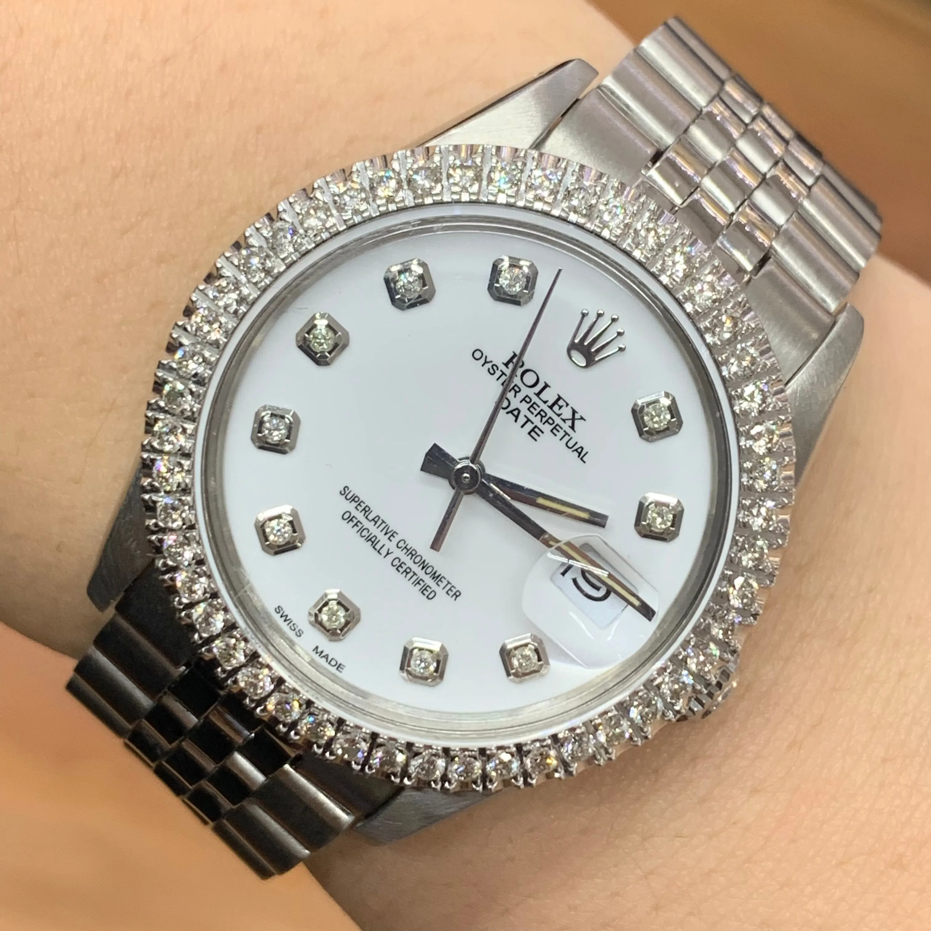 34mm Rolex Diamond Watch with Stainless Steel Jubilee Bracelet (custom diamond bezel, custom diamond white dial)