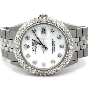 34mm Rolex Diamond Watch with Stainless Steel Jubilee Bracelet (custom diamond bezel, custom diamond white dial)