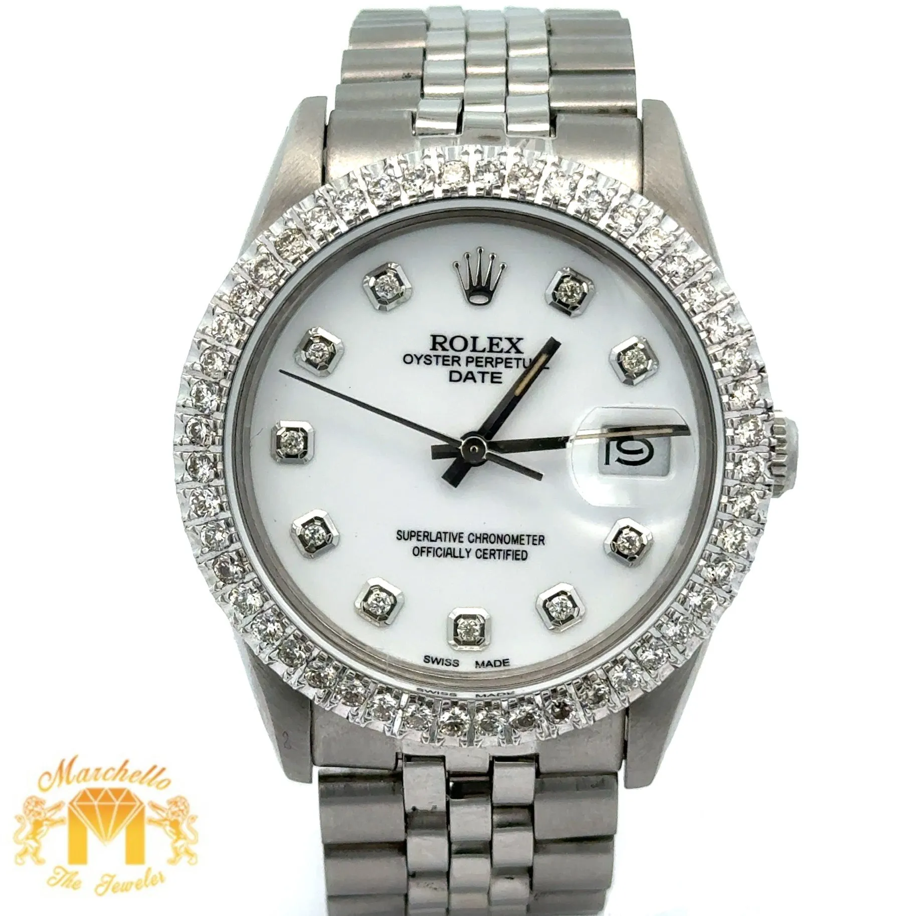 34mm Rolex Diamond Watch with Stainless Steel Jubilee Bracelet (custom diamond bezel, custom diamond white dial)