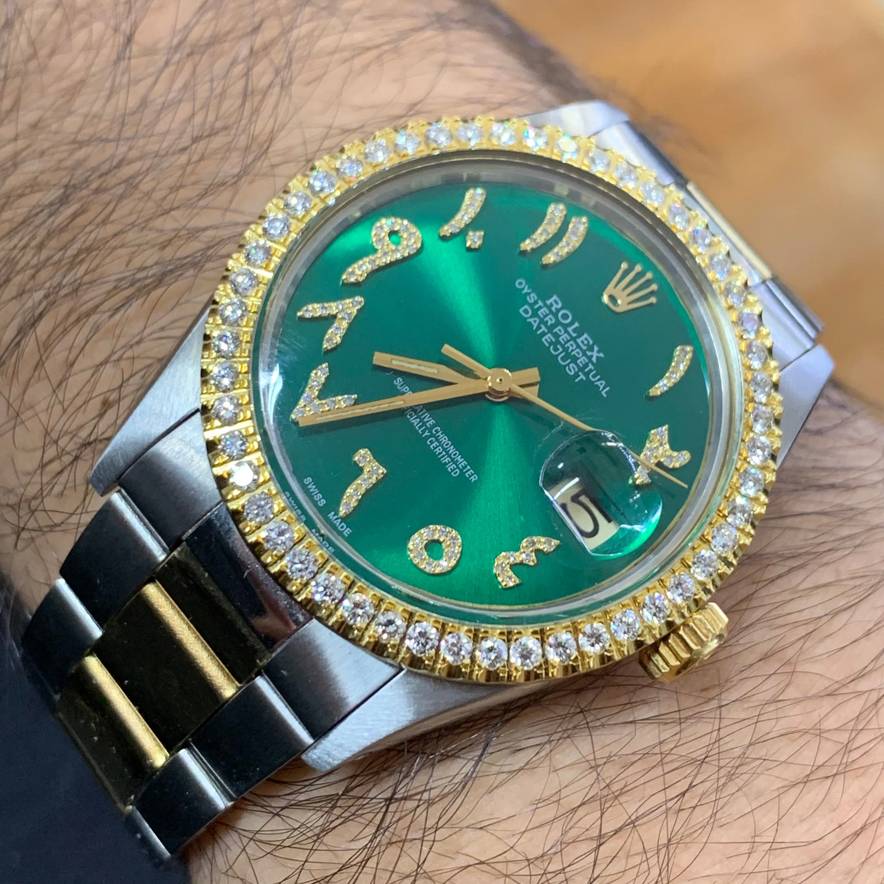 36mm Rolex Watch with Two-Tone Oyster Bracelet (green dial with diamond Arabic numerals)