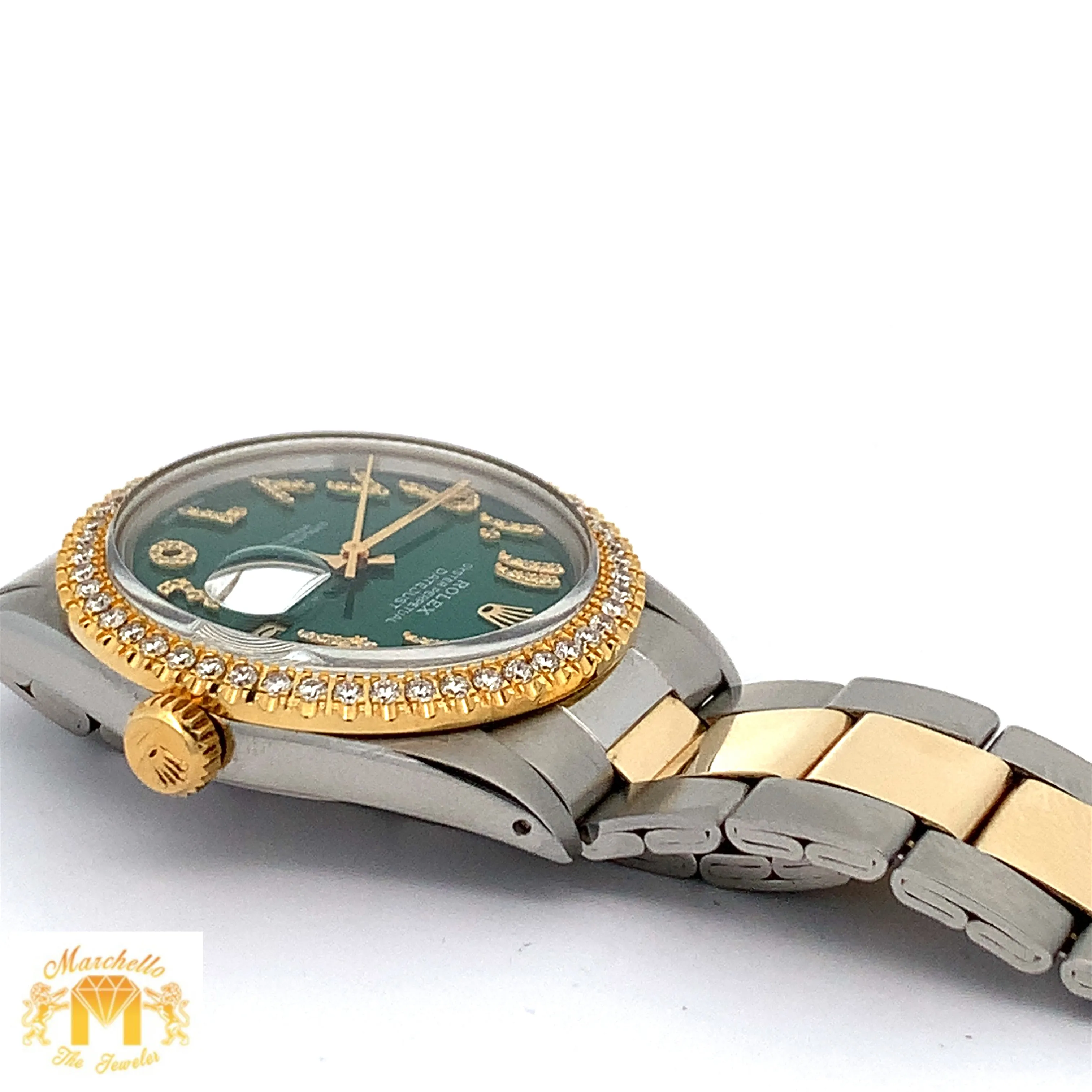 36mm Rolex Watch with Two-Tone Oyster Bracelet (green dial with diamond Arabic numerals)