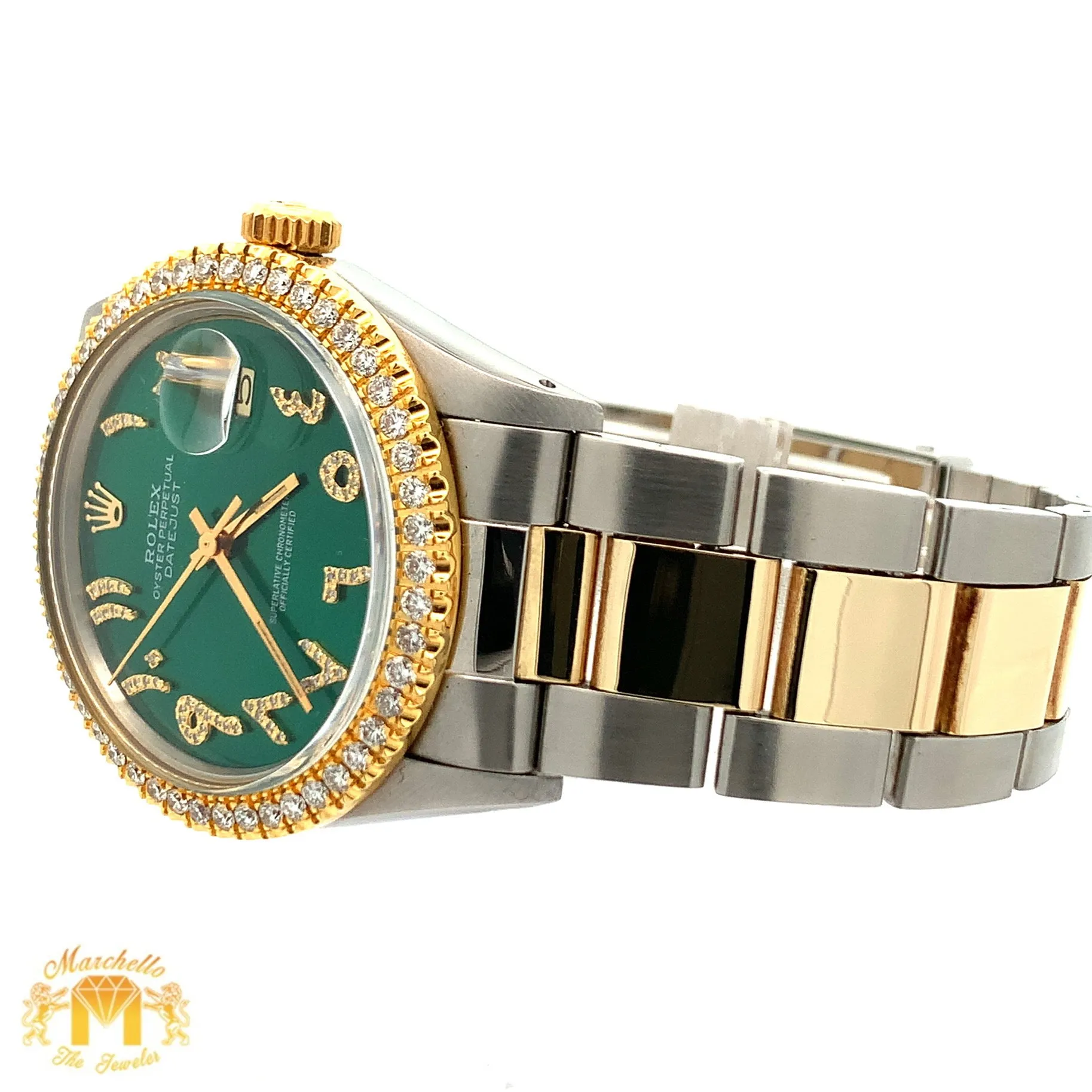 36mm Rolex Watch with Two-Tone Oyster Bracelet (green dial with diamond Arabic numerals)