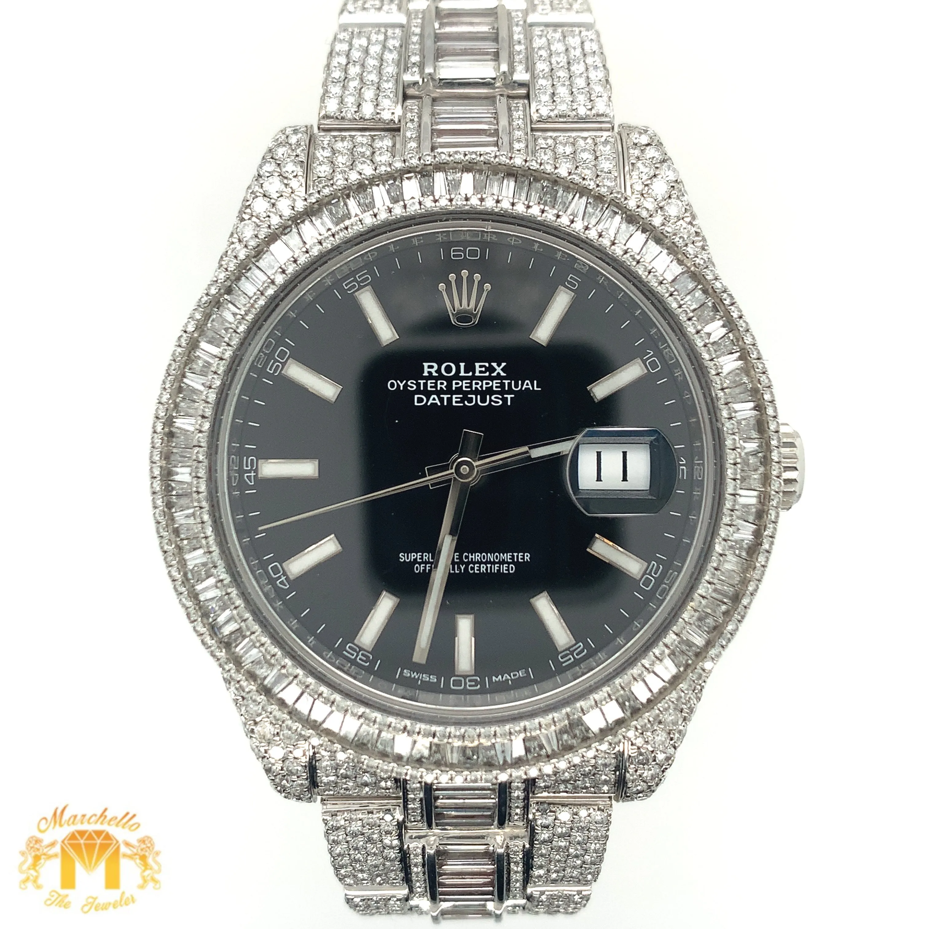 41mm Rolex Datejust Diamond Watch with Stainless Steel Oyster Band (fully iced out, jumbo baguette diamonds))