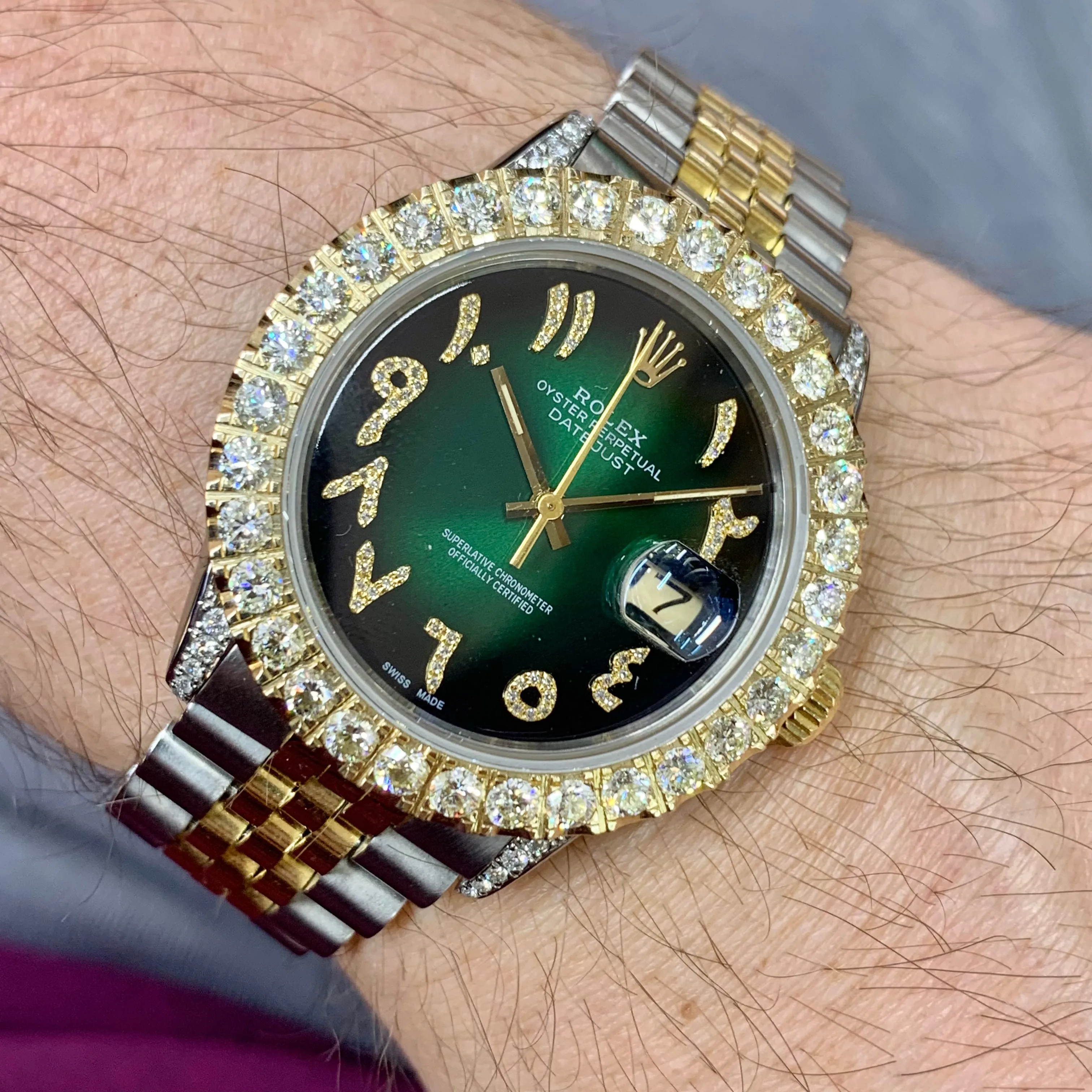 4ct Diamond 36mm Rolex Datejust Watch with Two-tone Jubilee Bracelet (dark green dial, quick-set)