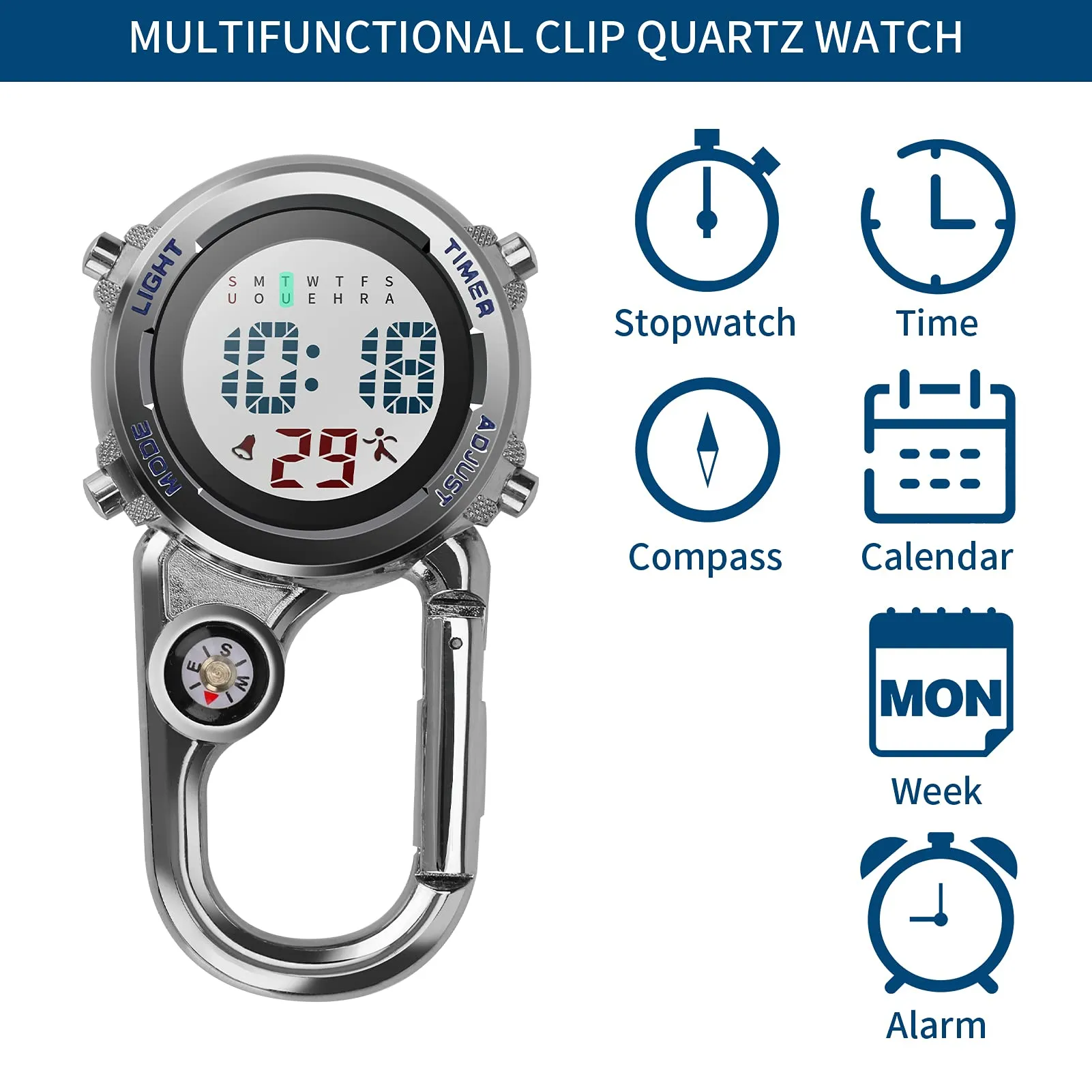 Aceshop Carabiner Watch Digital Clip on Quartz Watch Multifunctional Carabiner FOB Watch Luminous Face Compass Carabiner Watch with Compass for Doctors Nurses Paramedics Chefs Sport Unisex Blue