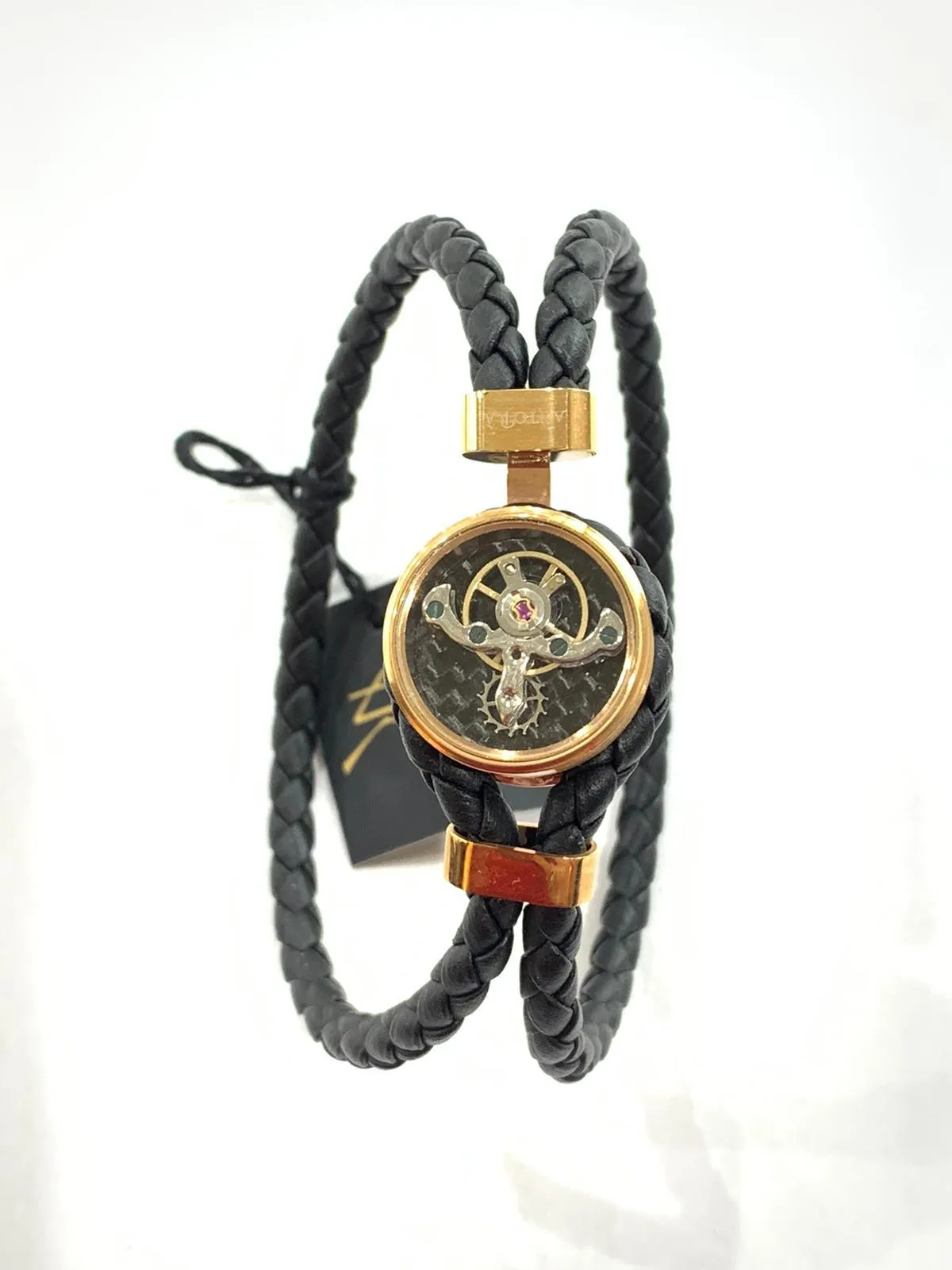 Antorà bracciale Tourbillon 20cm pelle nero acciaio finitura PVD oro rosa 59013