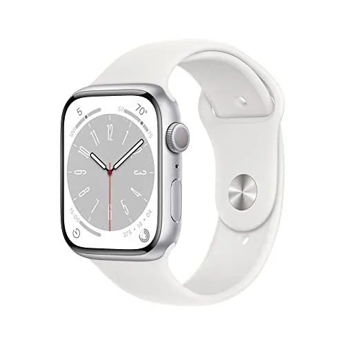 Apple Watch Series 8 [GPS 45mm] Smart Watch w/Silver Aluminum Case with White Sport Band - S/M. Fitness Tracker, Blood Oxygen & ECG Apps, Always-On Retina Display, Water Resistant