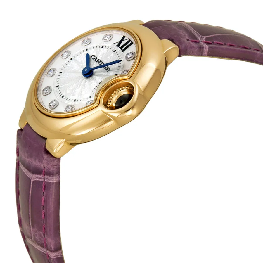 Cartier Ballon Bleu Silver Diamond Dial 18kt Rose Gold Purple Leather Ladies Watch WE902050