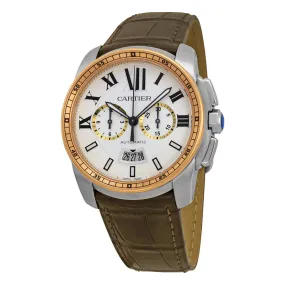 Cartier Calibre De Cartier Silver Dial Stainless Steel 18kt Pink Gold Brown Alligator Men's Watch W7100043
