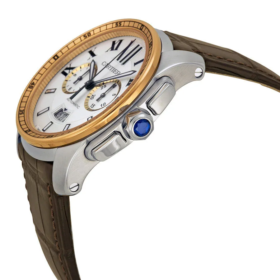 Cartier Calibre De Cartier Silver Dial Stainless Steel 18kt Pink Gold Brown Alligator Men's Watch W7100043