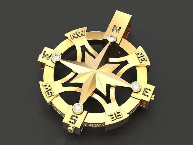 Champlain Compass Pendant *1.49 Carat Moissanite With 10k/14k/18k White, Yellow, Rose, Green Gold, Gold Plated & Silver* Boat Ship Sail Sea