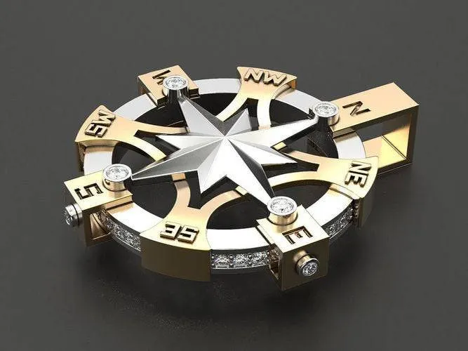 Champlain Compass Pendant *1.49 Carat Moissanite With 10k/14k/18k White, Yellow, Rose, Green Gold, Gold Plated & Silver* Boat Ship Sail Sea