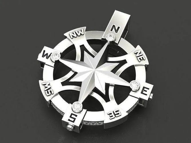 Champlain Compass Pendant *1.49 Carat Moissanite With 10k/14k/18k White, Yellow, Rose, Green Gold, Gold Plated & Silver* Boat Ship Sail Sea