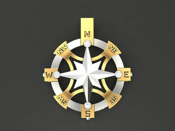 Champlain Compass Pendant *1.49 Carat Moissanite With 10k/14k/18k White, Yellow, Rose, Green Gold, Gold Plated & Silver* Boat Ship Sail Sea