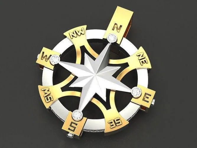 Champlain Compass Pendant *1.49 Carat Moissanite With 10k/14k/18k White, Yellow, Rose, Green Gold, Gold Plated & Silver* Boat Ship Sail Sea