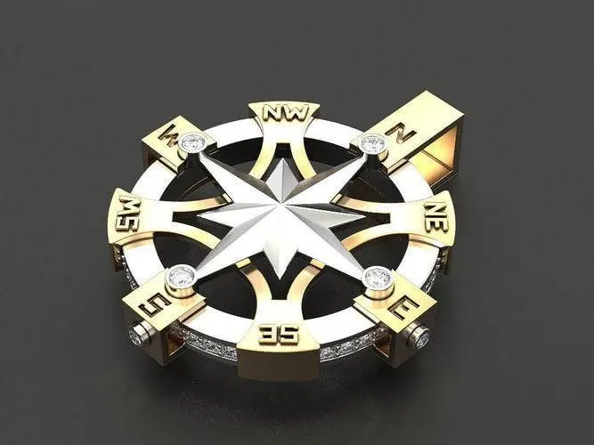 Champlain Compass Pendant *1.49 Carat Moissanite With 10k/14k/18k White, Yellow, Rose, Green Gold, Gold Plated & Silver* Boat Ship Sail Sea