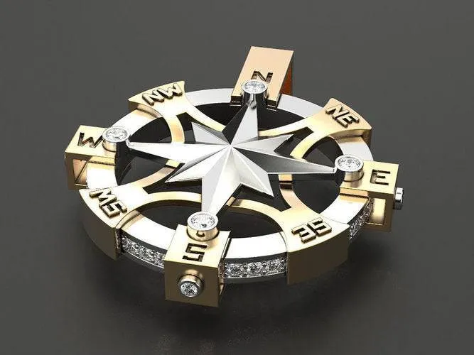 Champlain Compass Pendant *1.49 Carat Moissanite With 10k/14k/18k White, Yellow, Rose, Green Gold, Gold Plated & Silver* Boat Ship Sail Sea