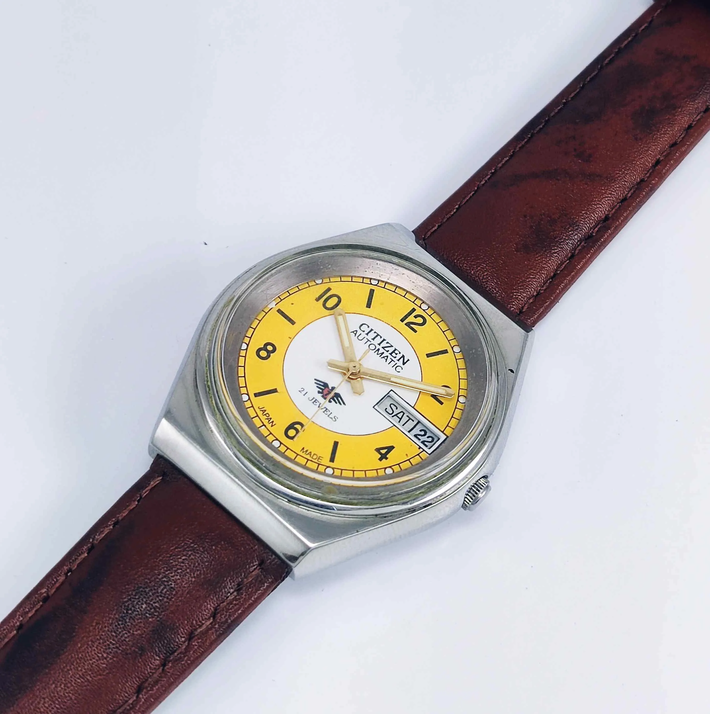 Citizen Automatic 8200 White-Yellow Dial 21 Jewels Day Date Men's Mechanical Watch