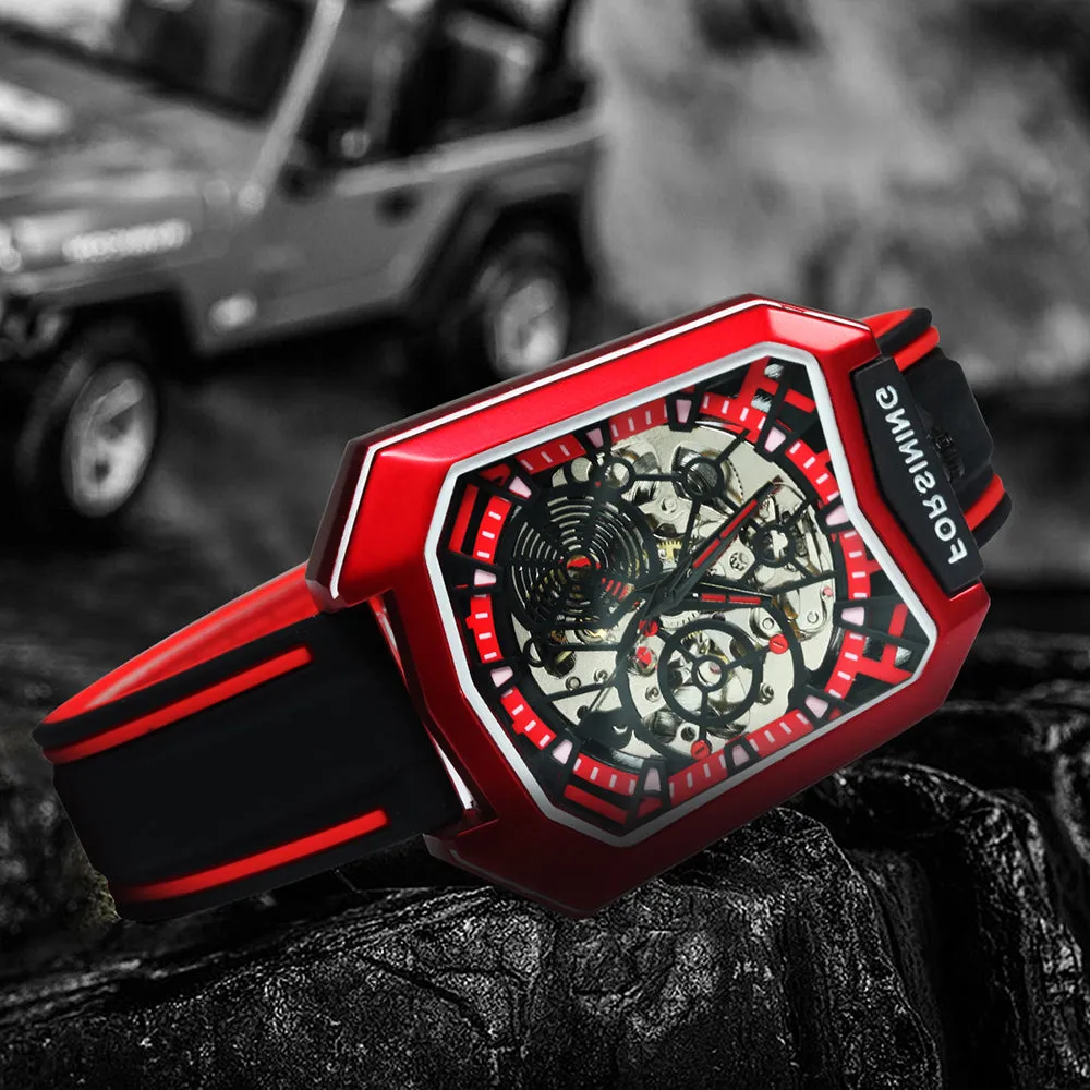 Forsining Fashion Outdoor Skeleton Automatic Mechanical Watch for Men TM 455G Casual Rubber Strap Luminous Hands Male Watches