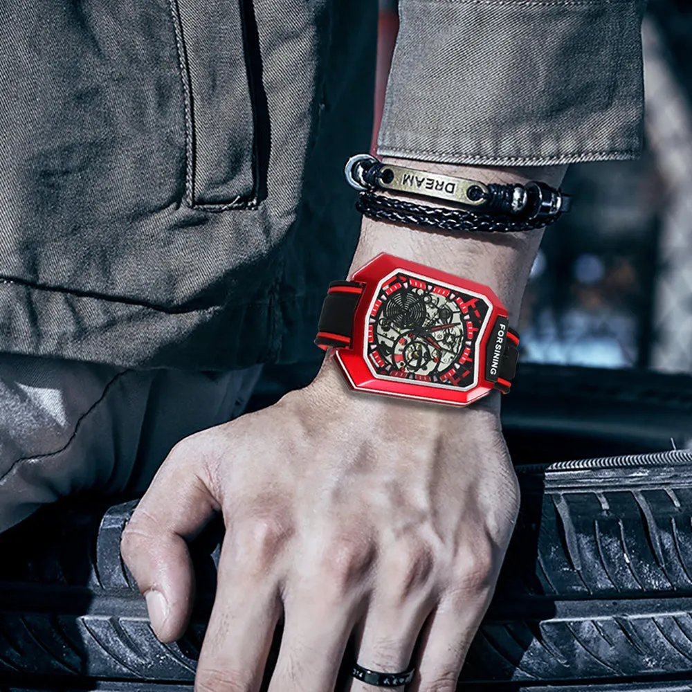 Forsining Fashion Outdoor Skeleton Automatic Mechanical Watch for Men TM 455G Casual Rubber Strap Luminous Hands Male Watches