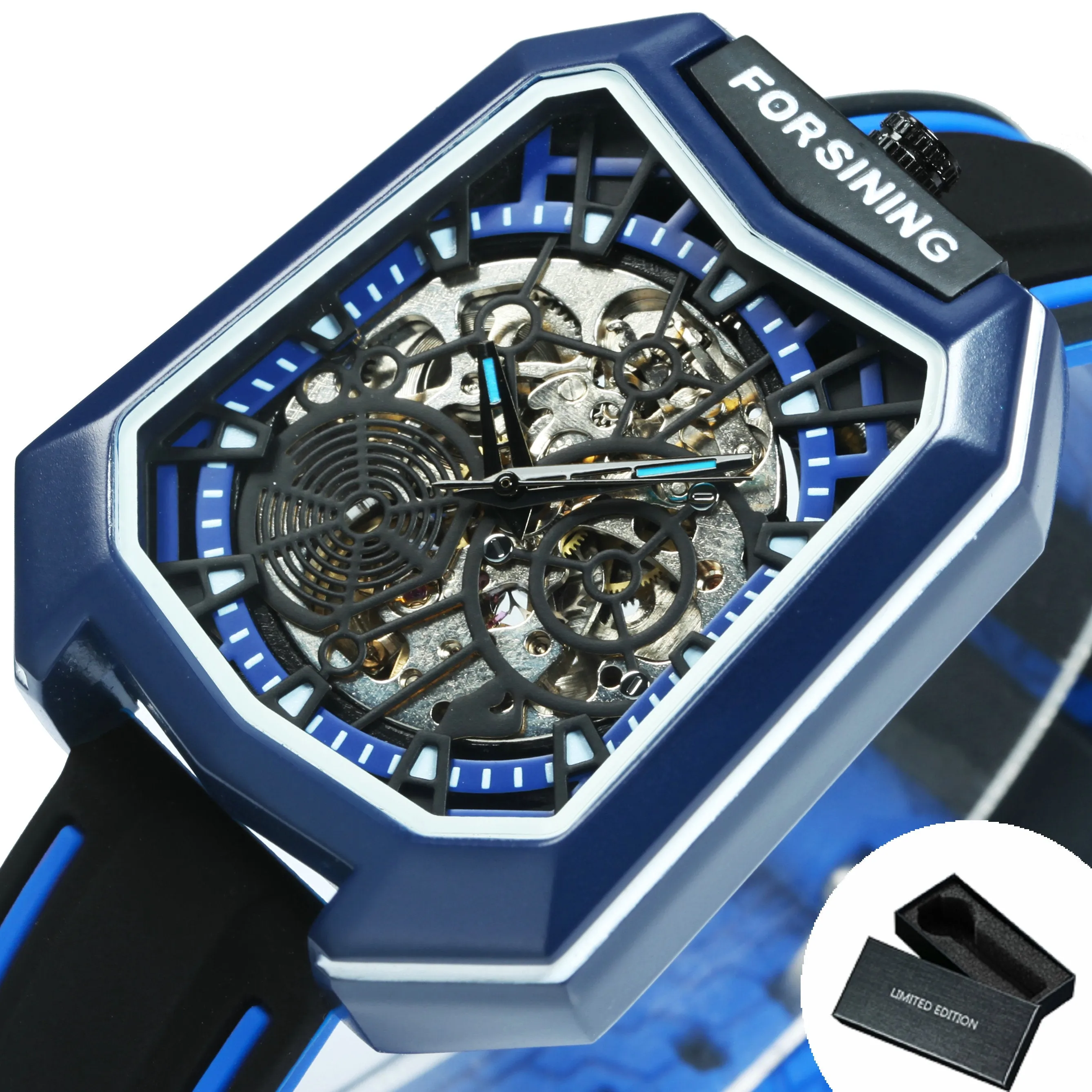 Forsining Fashion Outdoor Skeleton Automatic Mechanical Watch for Men TM 455G Casual Rubber Strap Luminous Hands Male Watches