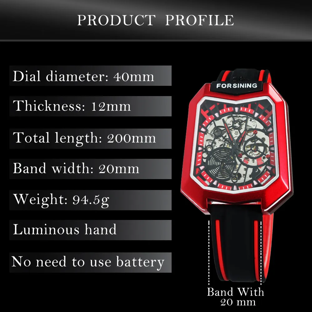 Forsining Fashion Outdoor Skeleton Automatic Mechanical Watch for Men TM 455G Casual Rubber Strap Luminous Hands Male Watches