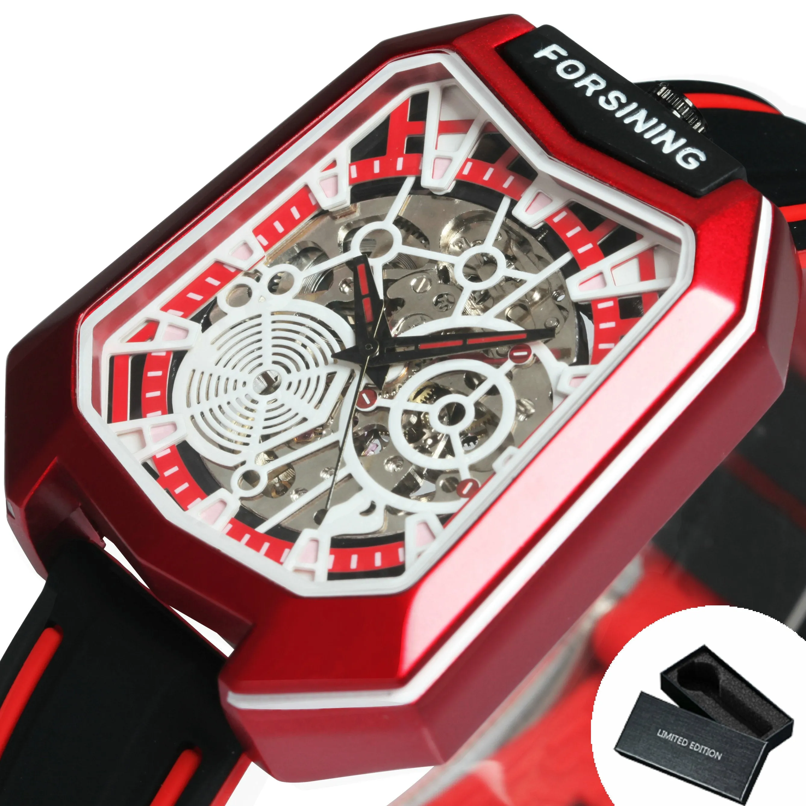 Forsining Fashion Outdoor Skeleton Automatic Mechanical Watch for Men TM 455G Casual Rubber Strap Luminous Hands Male Watches