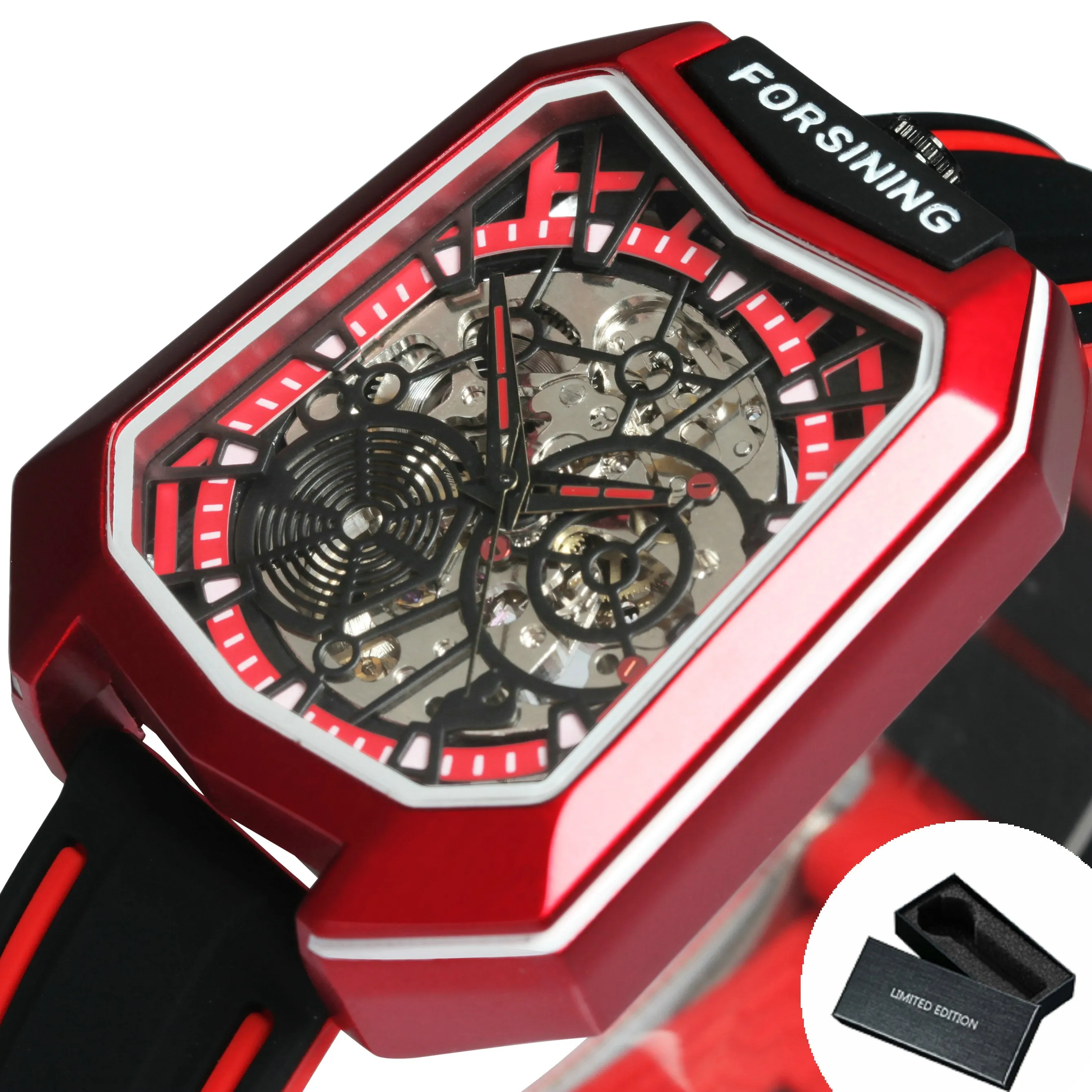 Forsining Fashion Outdoor Skeleton Automatic Mechanical Watch for Men TM 455G Casual Rubber Strap Luminous Hands Male Watches