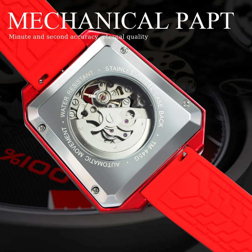 Forsining Fashion Outdoor Skeleton Automatic Mechanical Watch for Men TM 455G Casual Rubber Strap Luminous Hands Male Watches