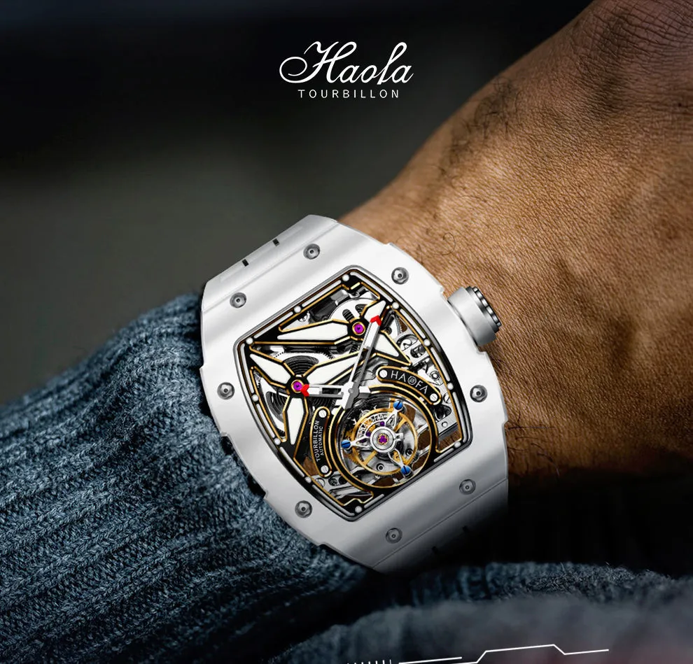 HAOFA Ceramics Bezel Automatic Tourbillon 1901-2 Double Spring Watch Free-sprung Balance