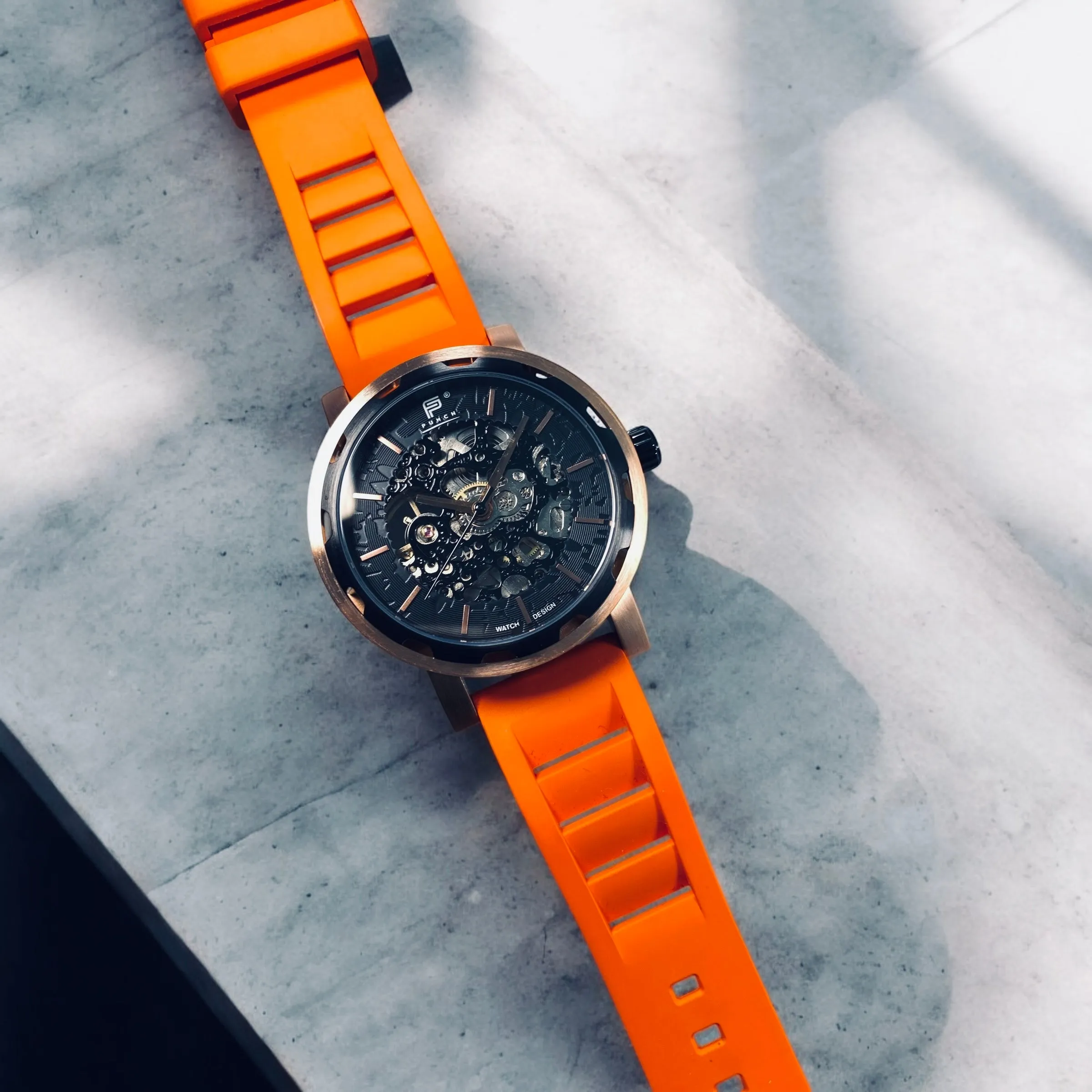 PUNCH Mens Watch, Rose Gold & Black Skeleton Automatic Watch - Orange Rubber Strap