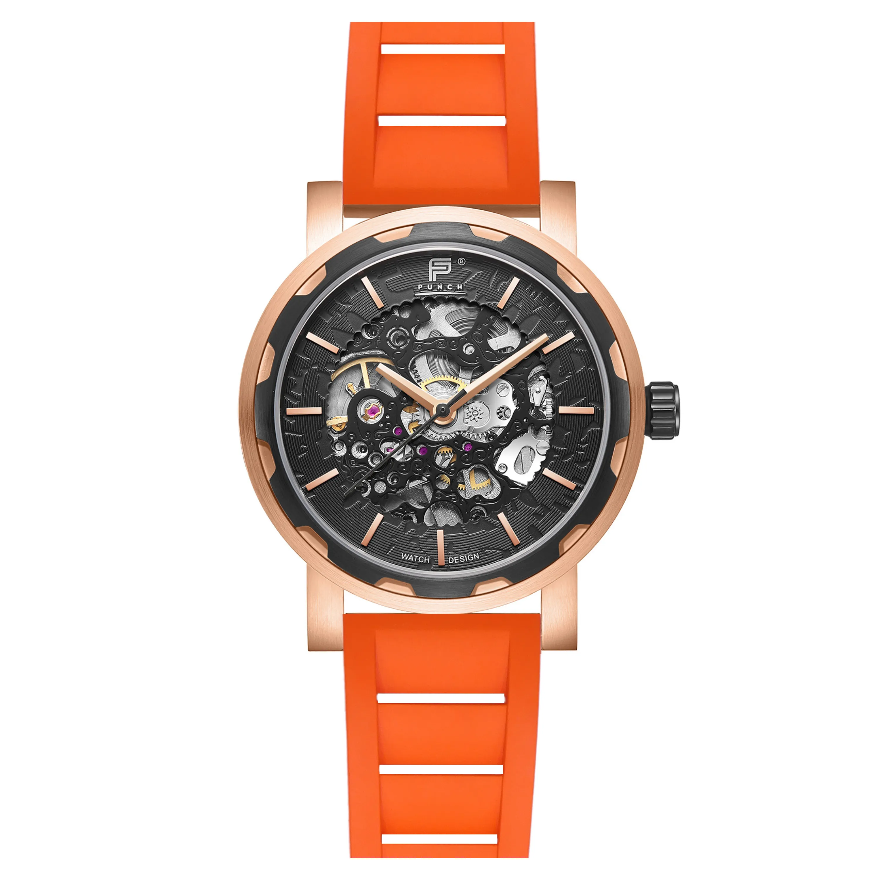 PUNCH Mens Watch, Rose Gold & Black Skeleton Automatic Watch - Orange Rubber Strap
