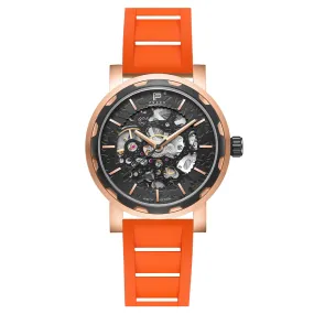 PUNCH Mens Watch, Rose Gold & Black Skeleton Automatic Watch - Orange Rubber Strap