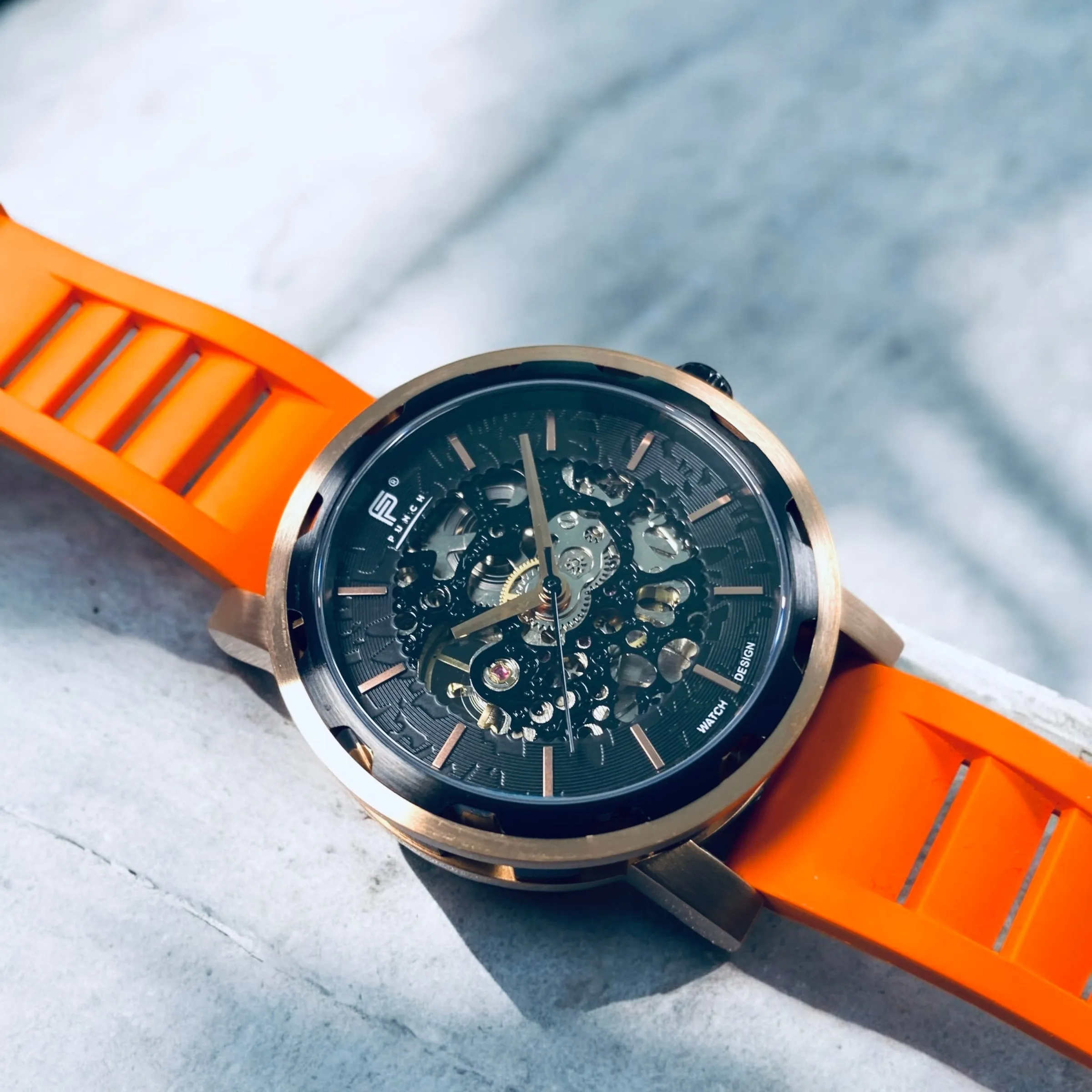 PUNCH Mens Watch, Rose Gold & Black Skeleton Automatic Watch - Orange Rubber Strap