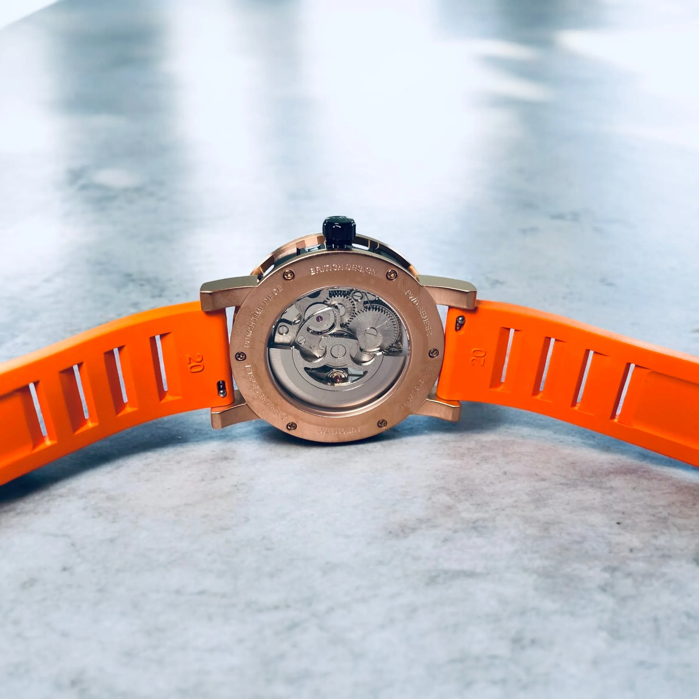 PUNCH Mens Watch, Rose Gold & Black Skeleton Automatic Watch - Orange Rubber Strap