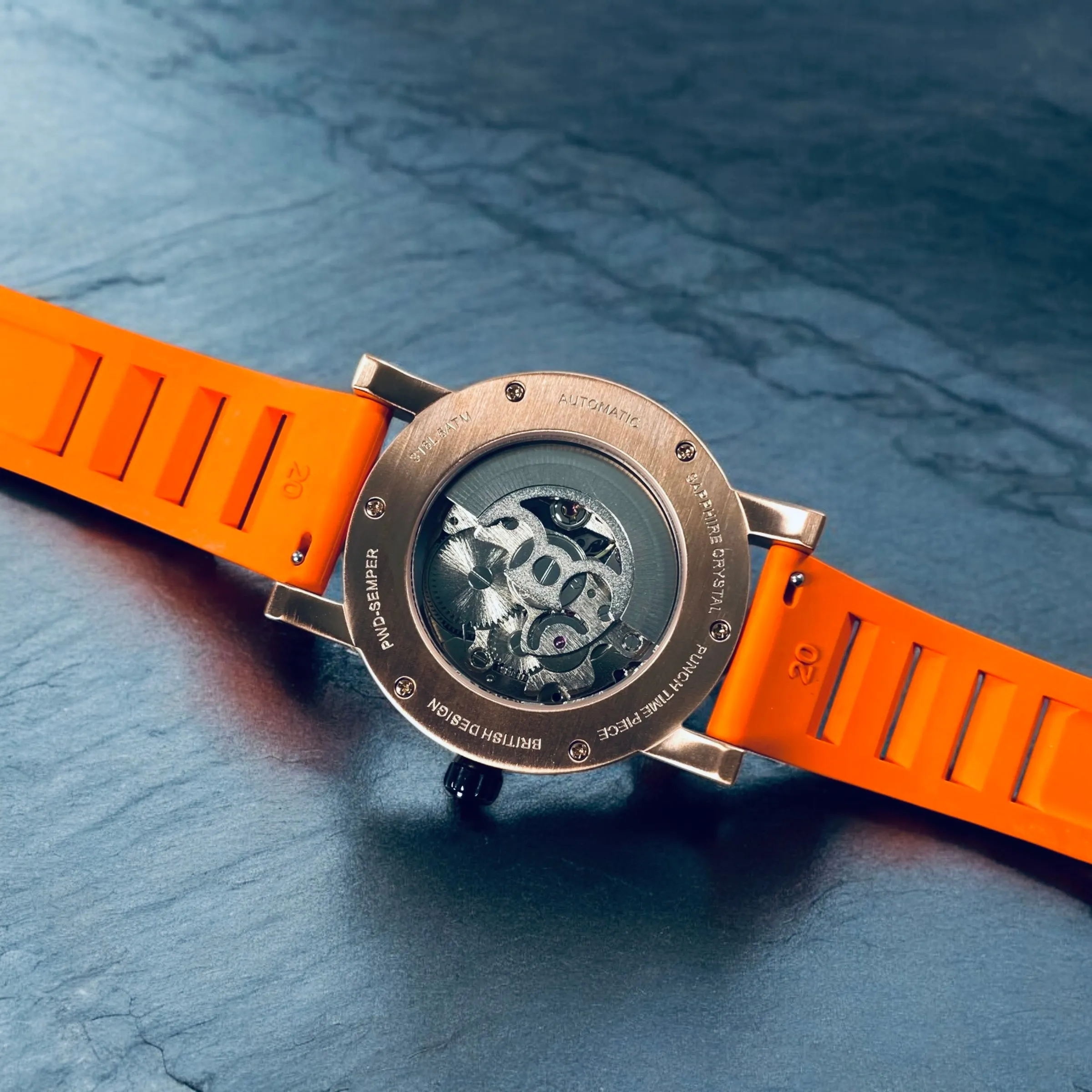 PUNCH Mens Watch, Rose Gold & Black Skeleton Automatic Watch - Orange Rubber Strap