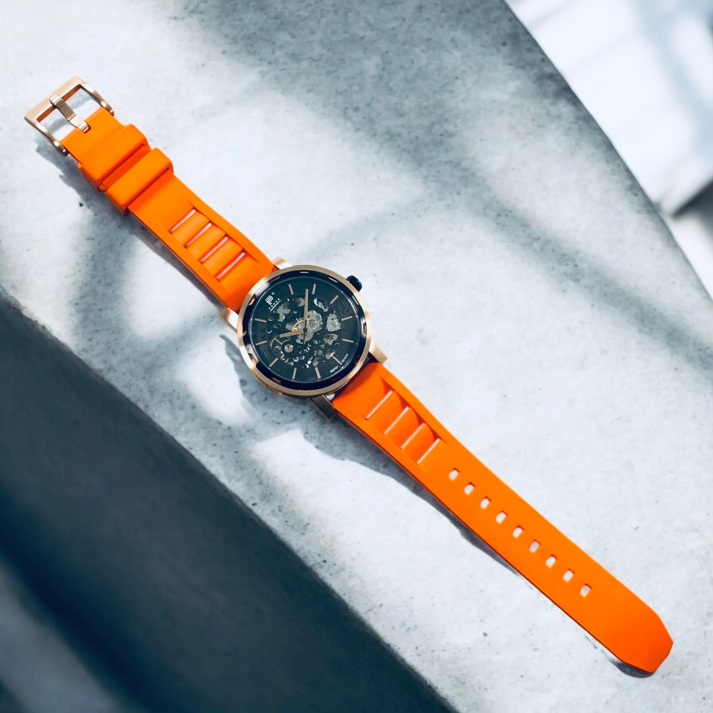 PUNCH Mens Watch, Rose Gold & Black Skeleton Automatic Watch - Orange Rubber Strap
