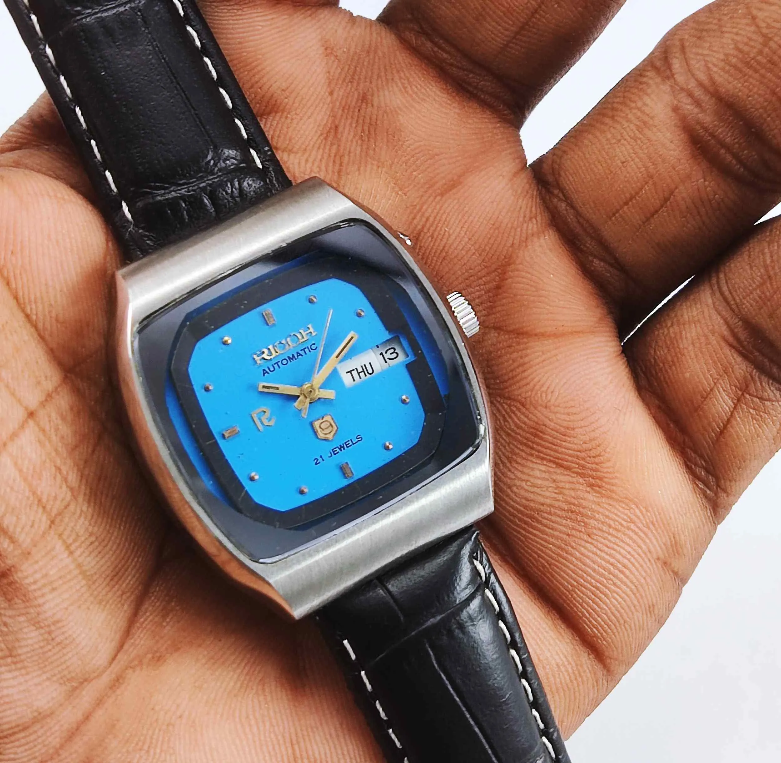 Ricoh Automatic 21 Jewels R31 Sky Blue Dial Day Date Men's Mechanical Watch